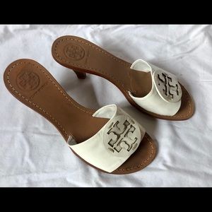 Tory Burch White Reva Kitten Heel Sandals Mules